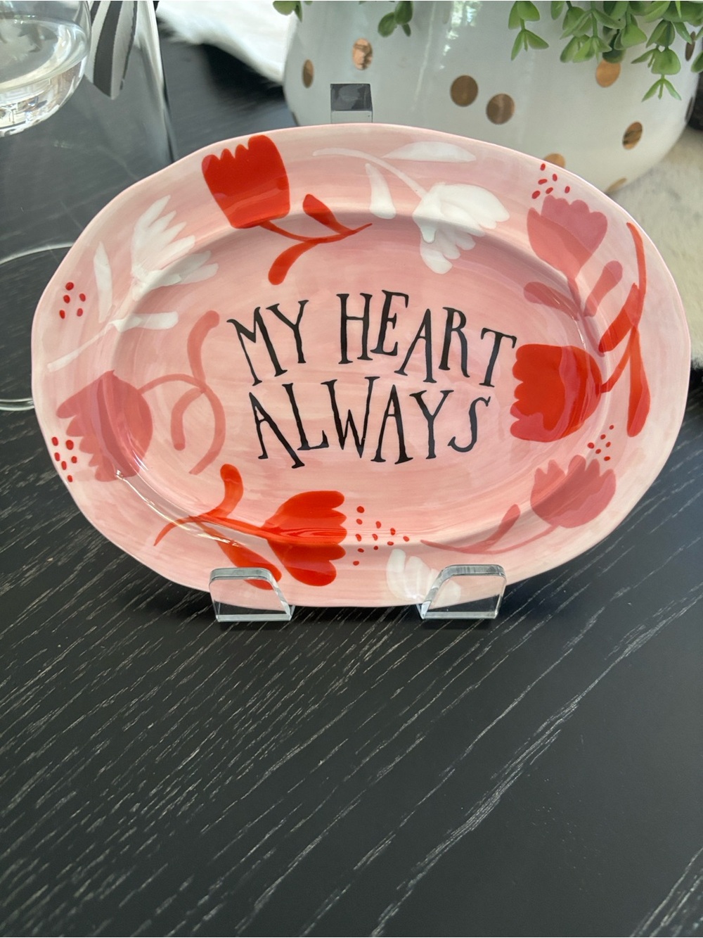 Anthropologie Pink Ceramic Plate with black print, “My Heart Always”